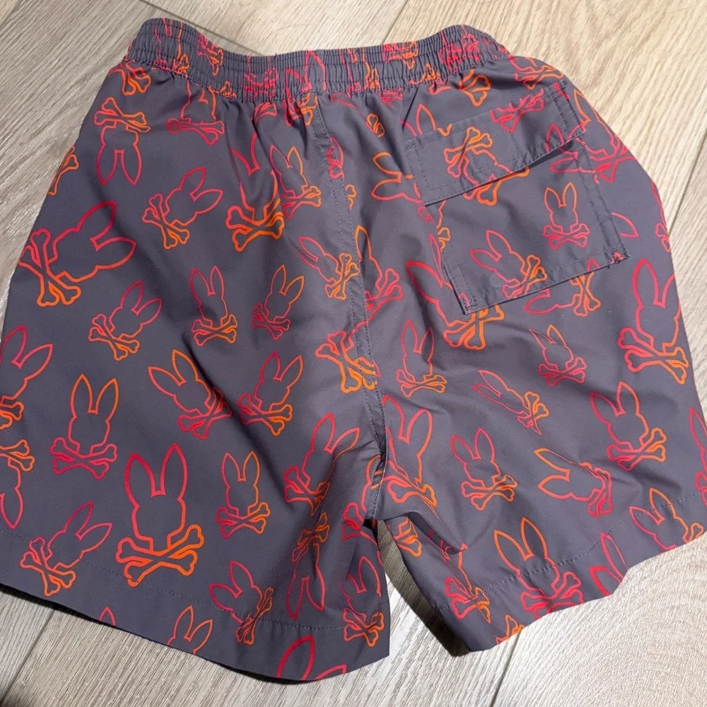 Psycho Bunny Boys Swim Trunks Gray Orange Neon Bunny Logo Shorts Size 7-8 S